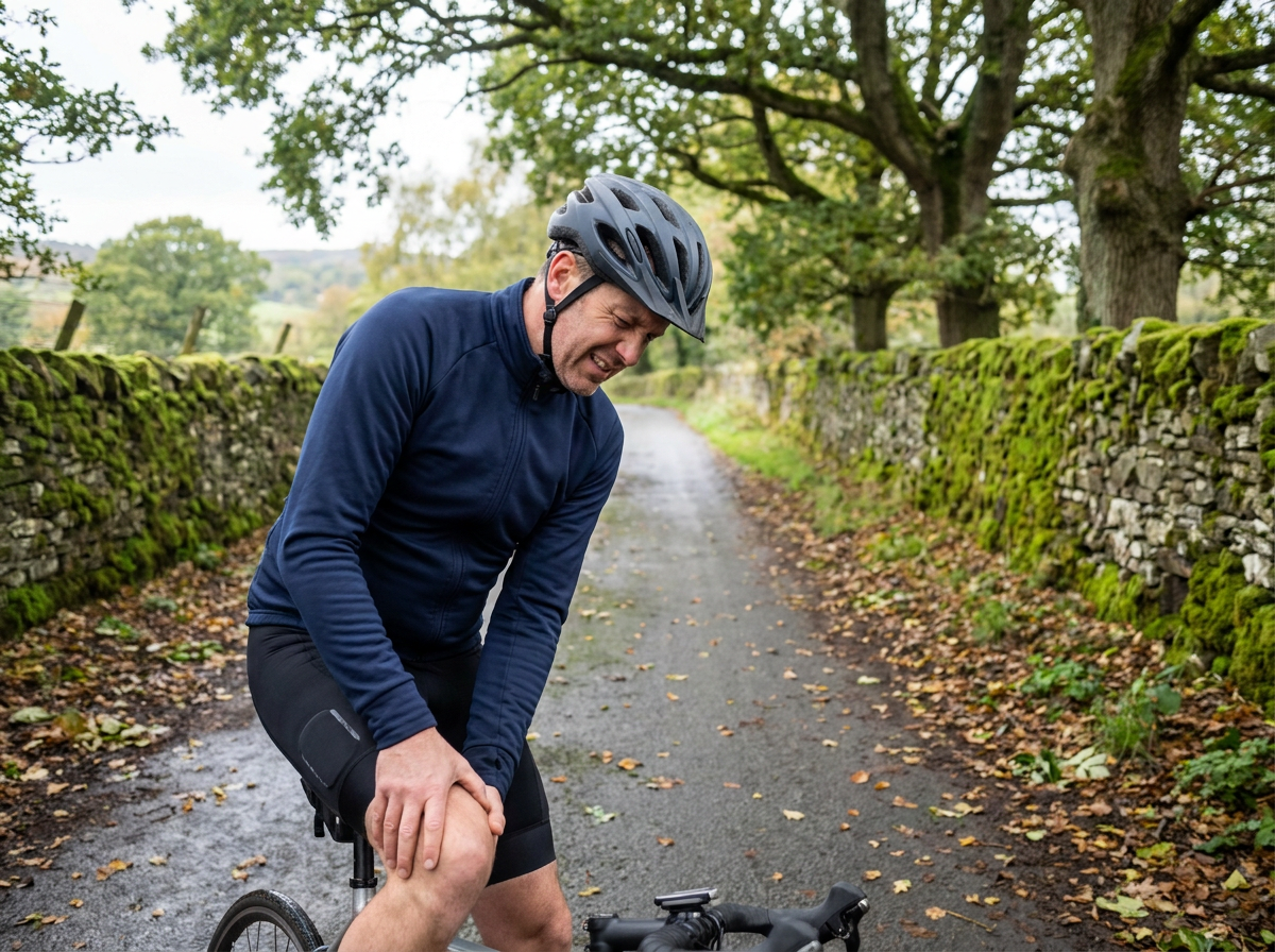 Cyclist holding front of knee next to bike