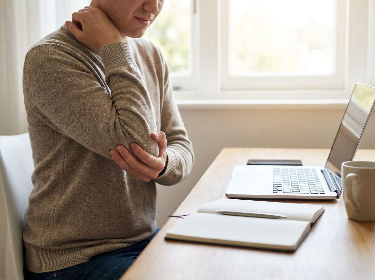 Person holding inner elbow at desk