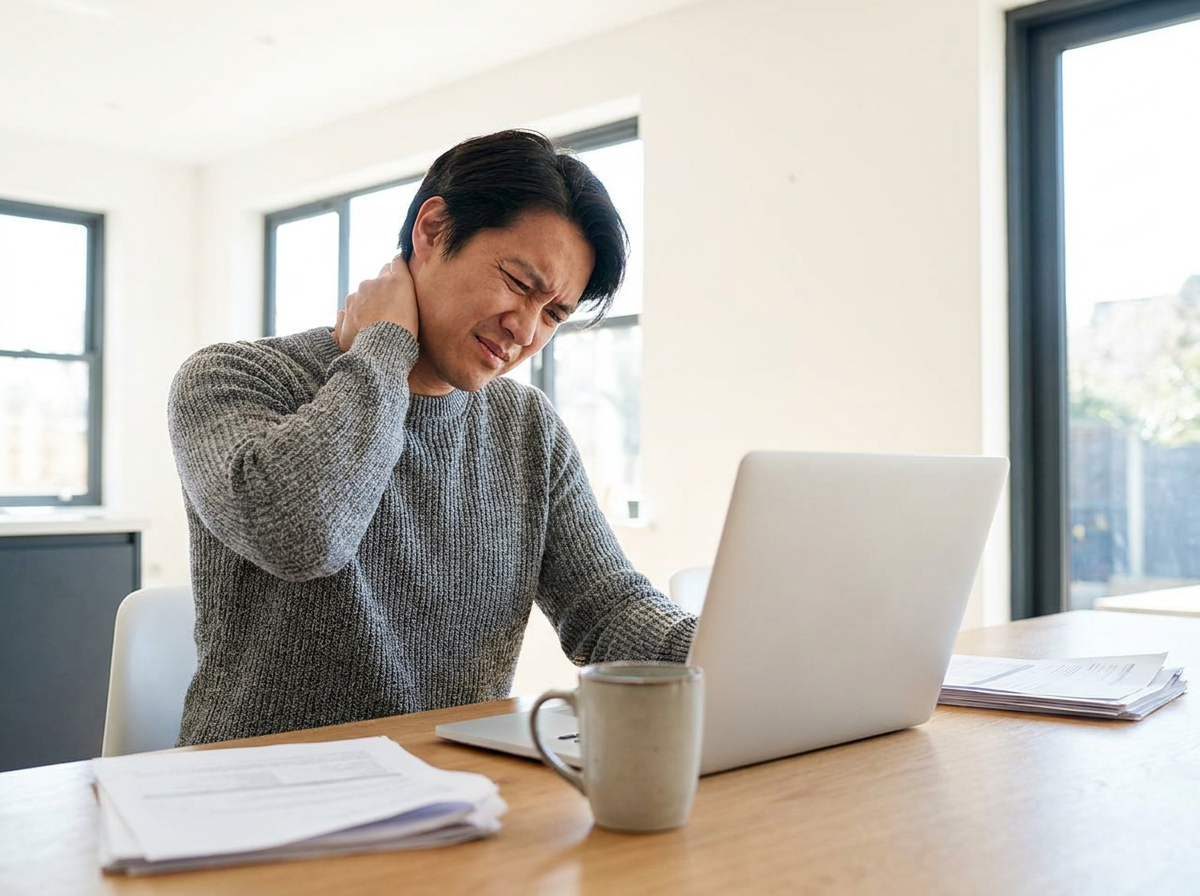Office worker rubbing neck at desk