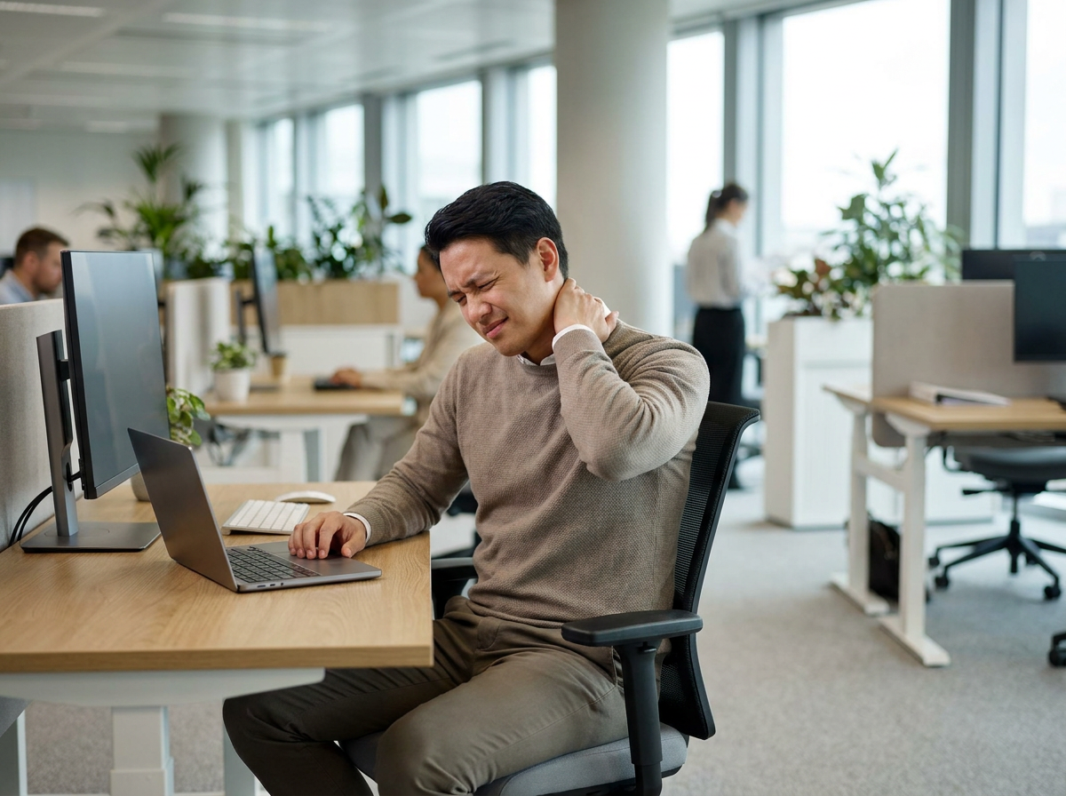 Desk-related neck pain in Chelmsford &ndash; office worker with stiff neck at computer