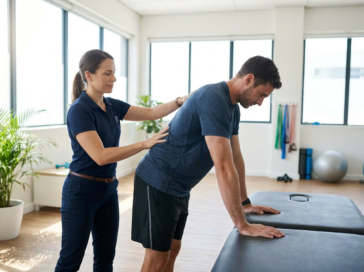  Physio assessing lower back pain in clinic