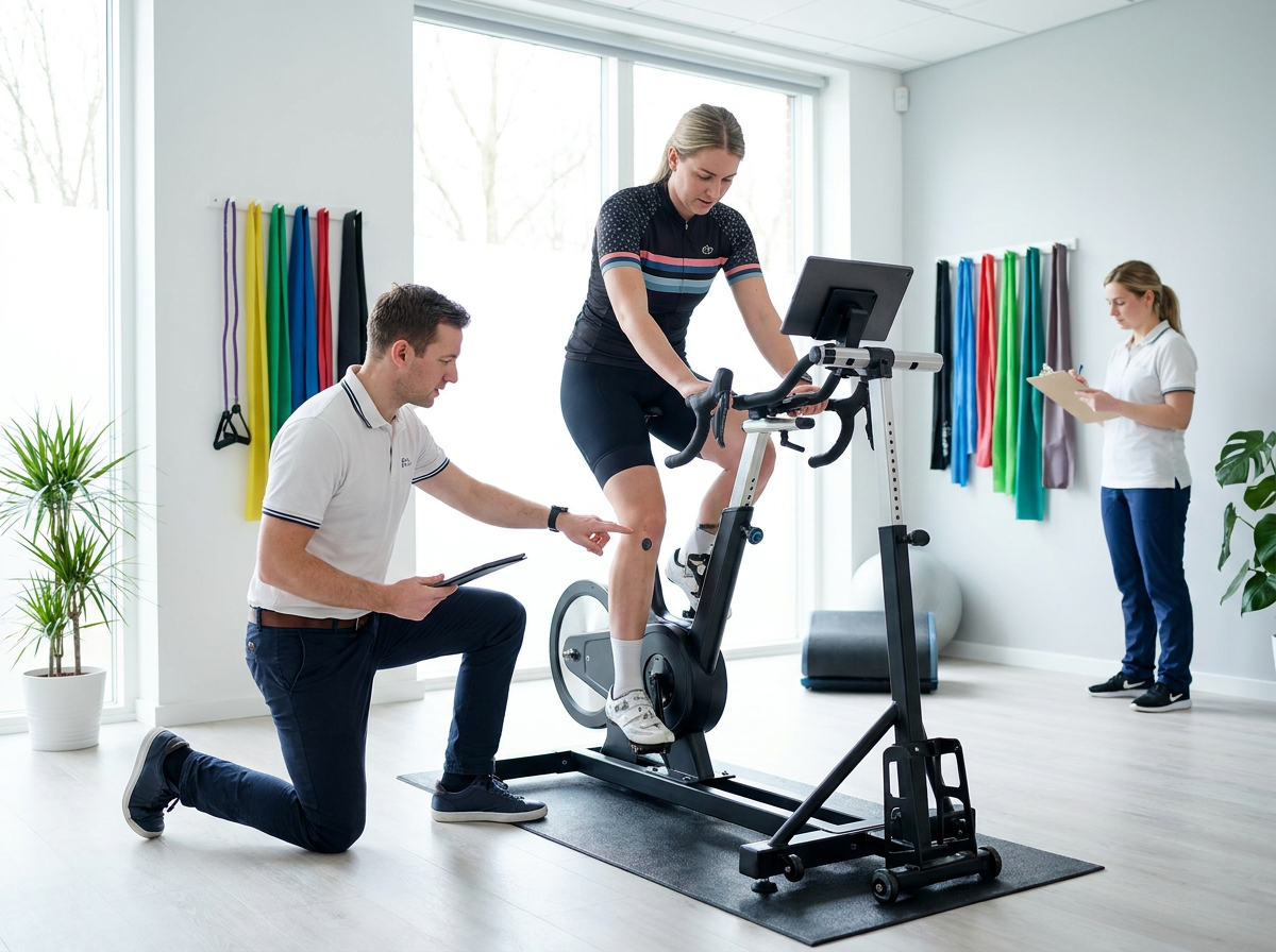 Physio assessing knee pain on bike fit setup