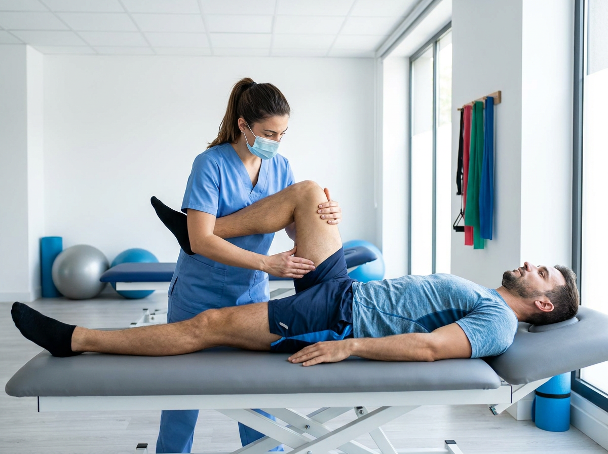 Physio assessing adductor/groin + hip ROM
