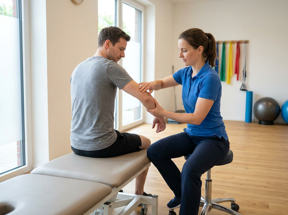 Physio assessing medial elbow in clinic