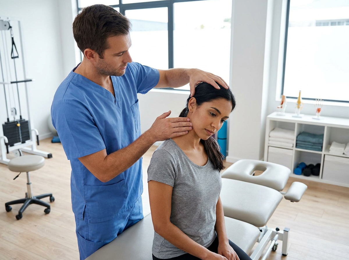 Physio assessing neck range of motion