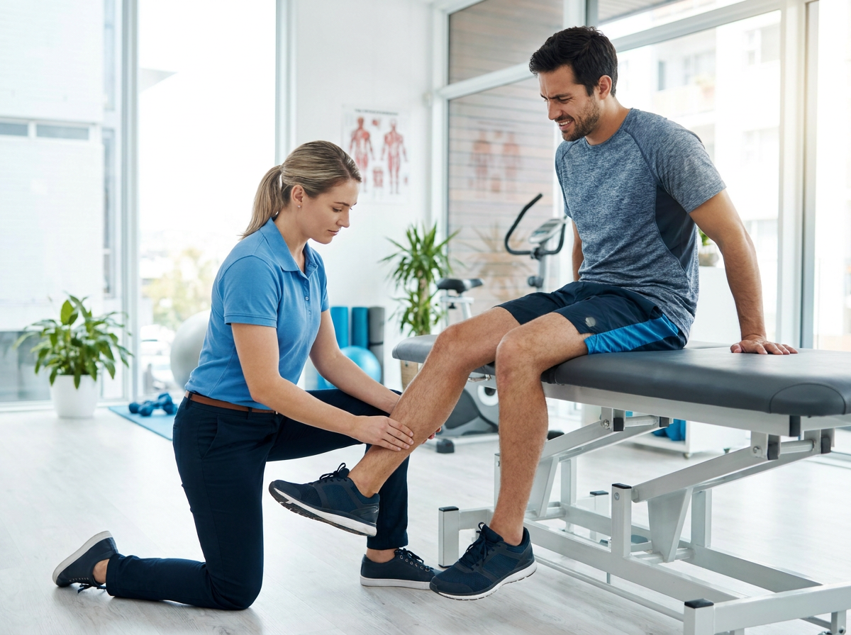 Physio assessing lower leg/shin