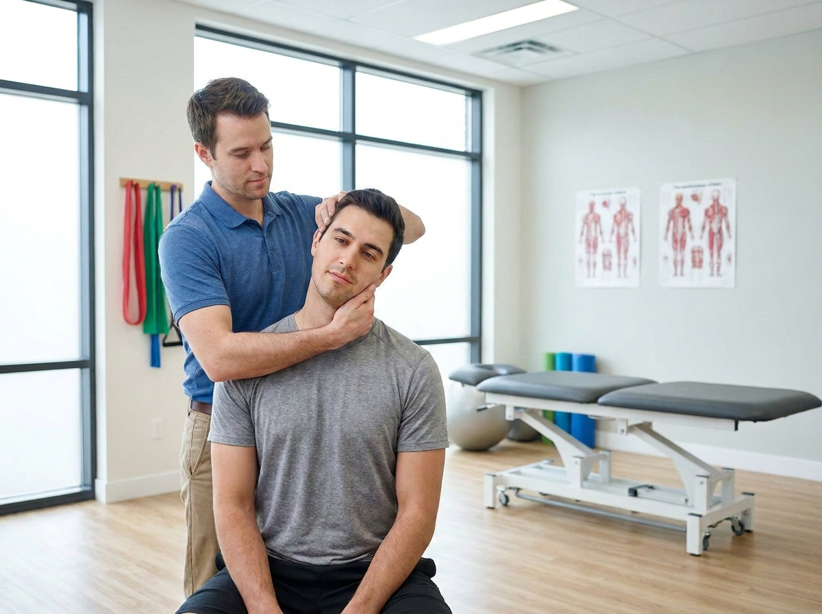 Physio assessing neck range of motion