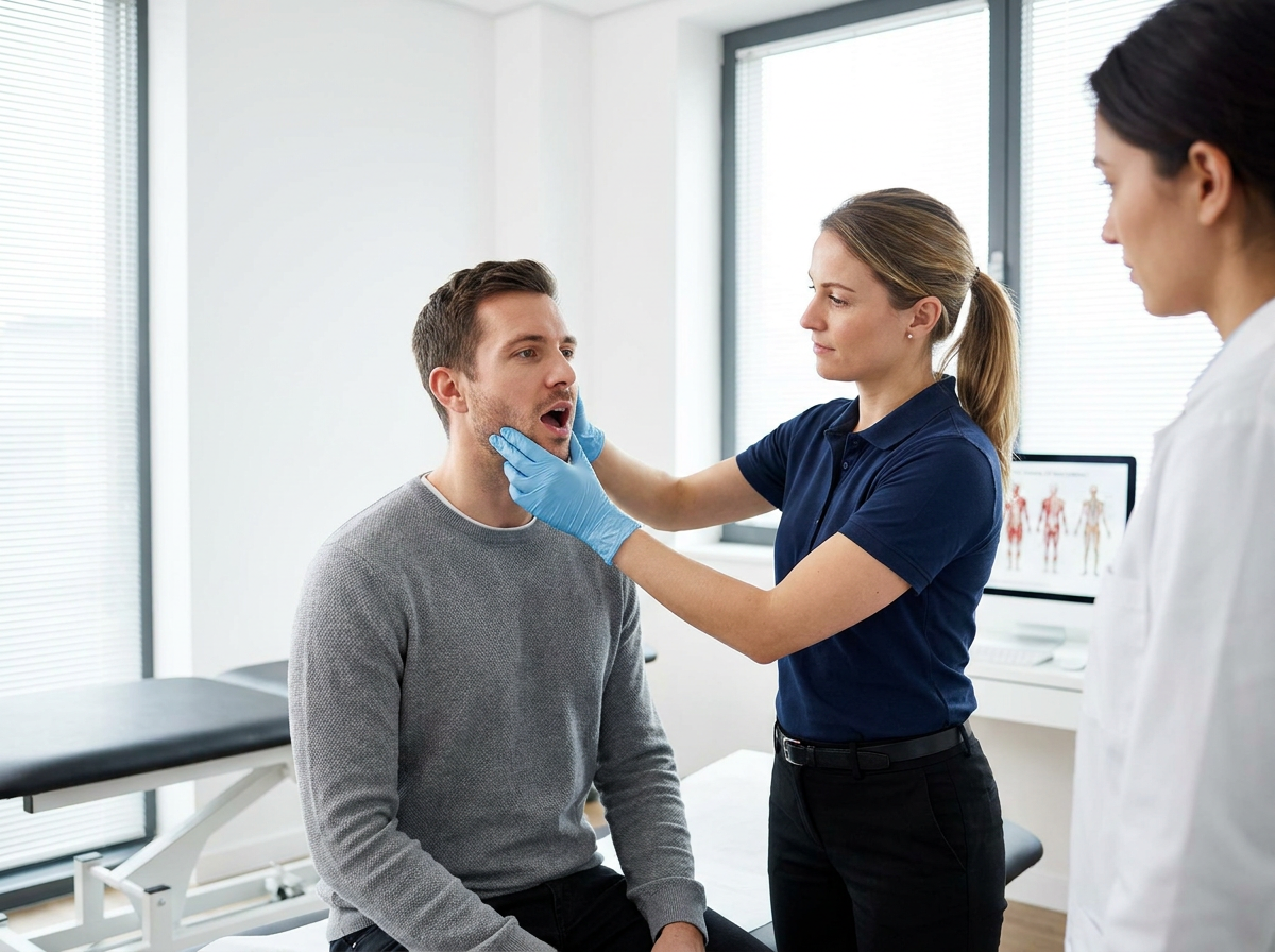 Physio assessing TMJ opening + jaw muscles
